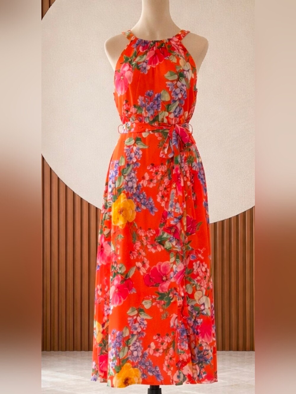 Jessica Howard Orange Floral Halter Maxi Dress Women's 8 Ruffle Hem Summer